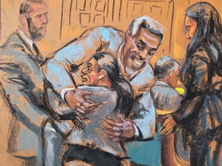 Diddy hugs his lawyer Nicole Westmoreland at the start of Monday’s hearing